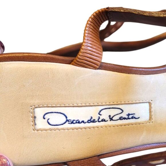 Vintage Y2K Oscar De La Renta Cognac Leather O Logo Thong Kitten Heel Size 7.5 - Picture 6 of 6